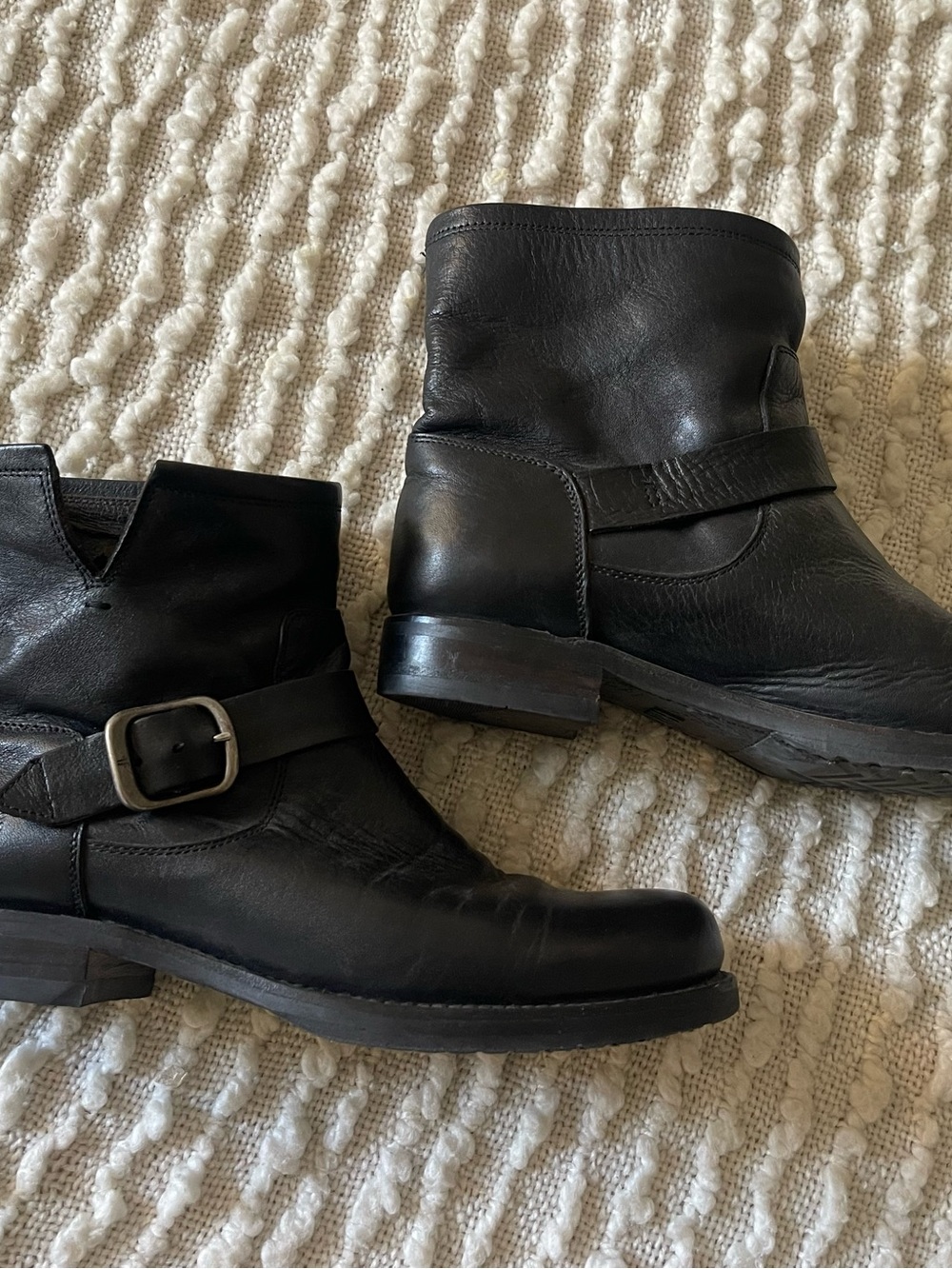 Frye Black Leather Ankle Harness Boots